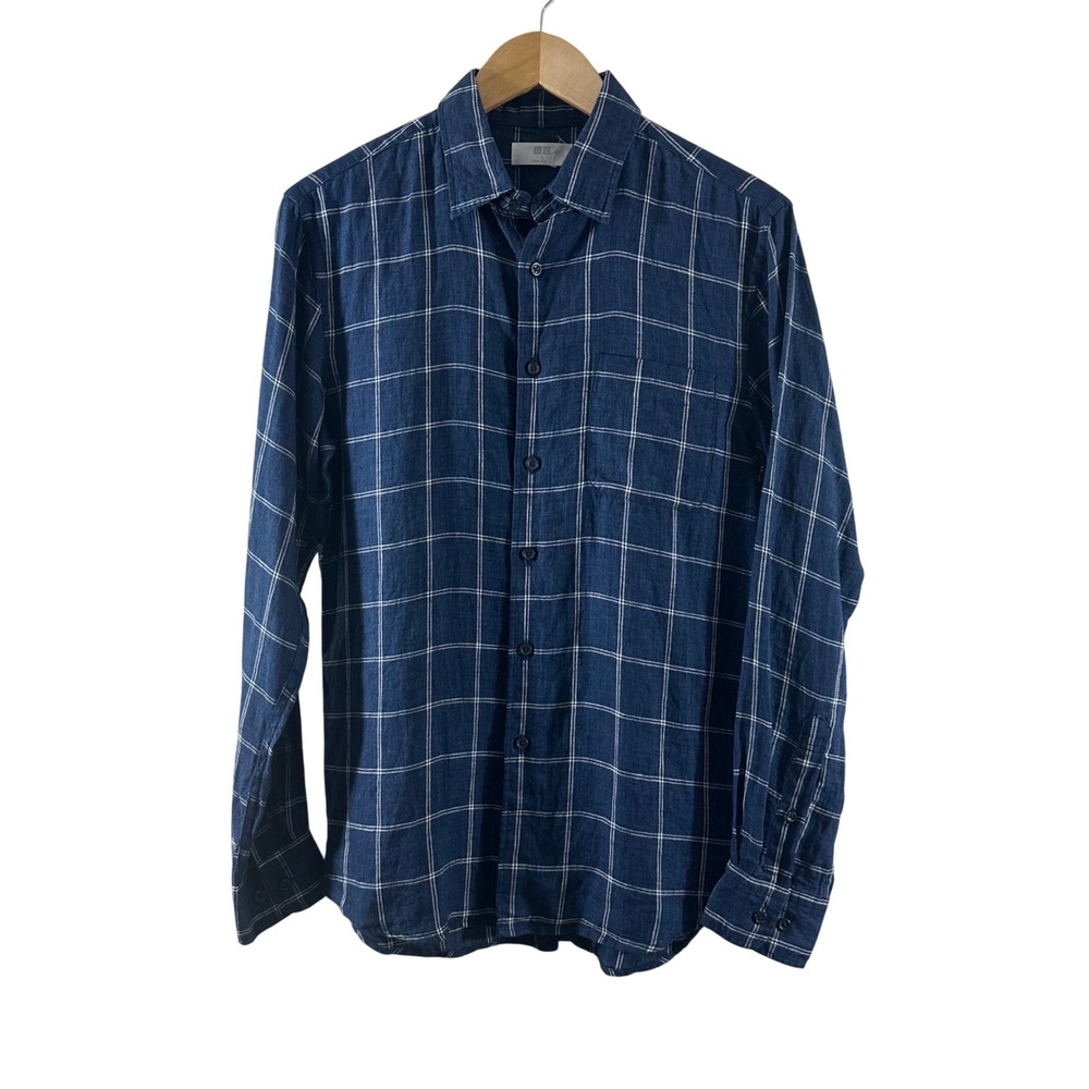 Uniqlo Mens‎ 100% Linen Windowpane Check Long Sleeve Shirt Navy Blue Small